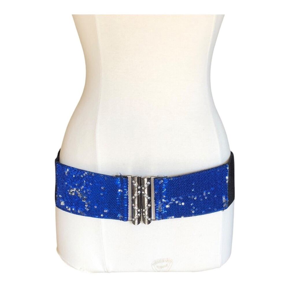Blue Sequin Stretch Belt Rhinestone Buckle Statement Waist Belt Party Festival